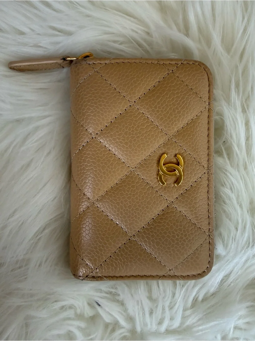 CHANEL Quilted Card Zip Wallet — Beige with Gold CC